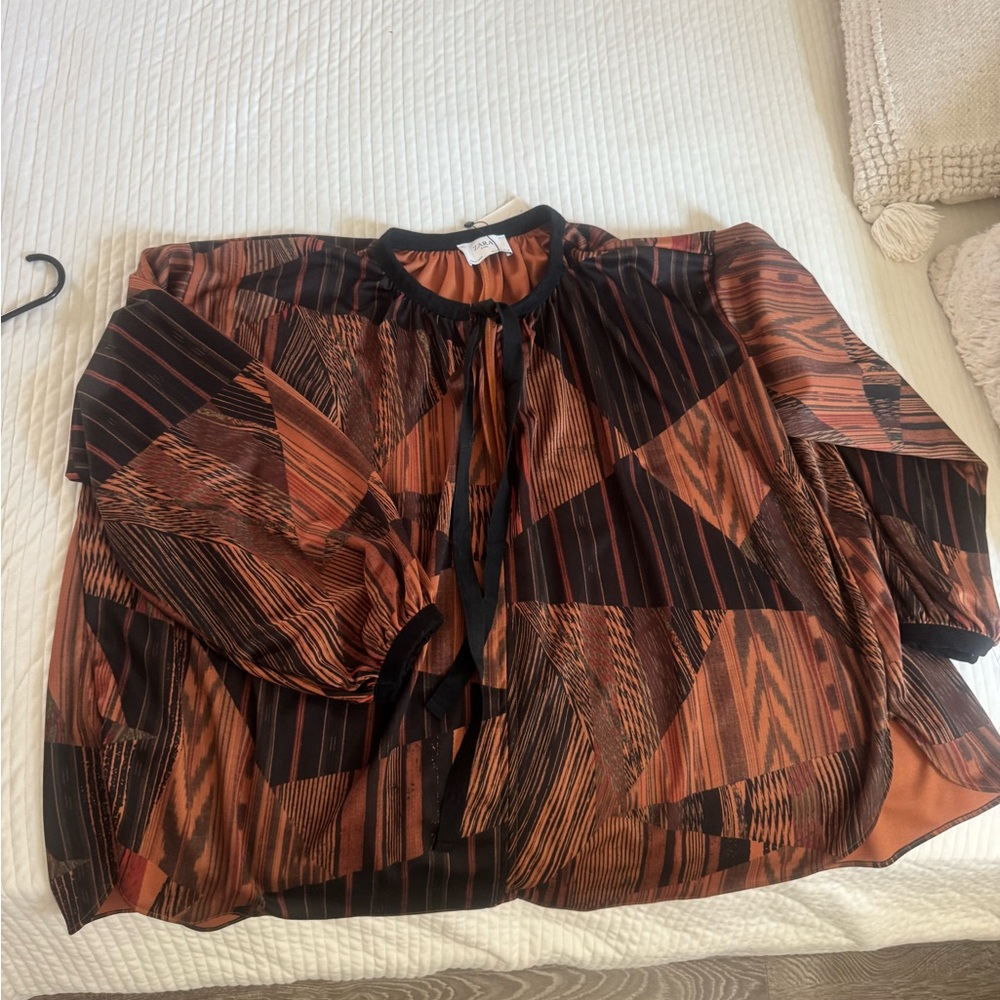 Oversized  Brown & Black Geometric Tie-Neck Blouse